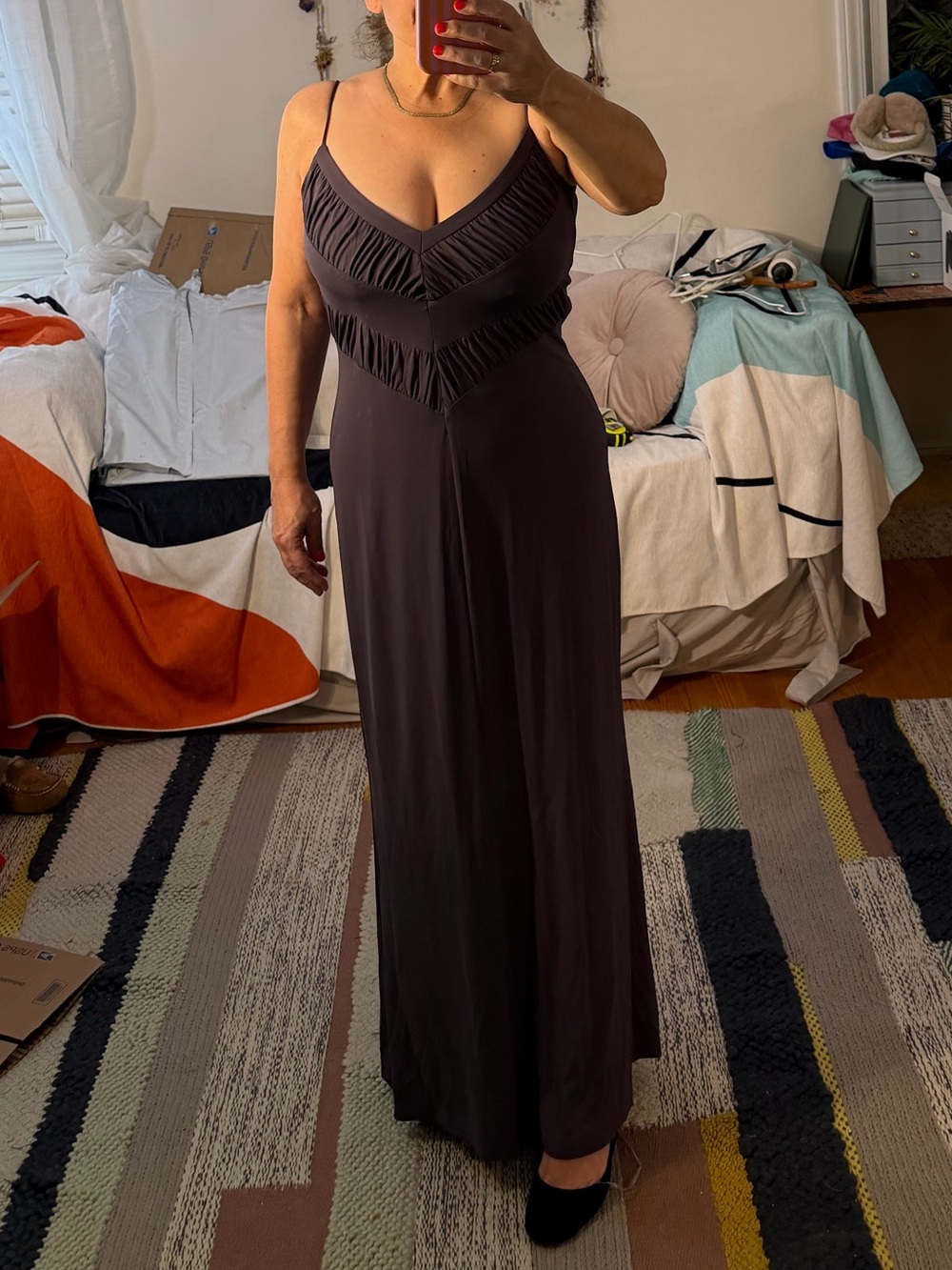 Nicole Miller Women's Black Maxi Slip Dress with V-Neck GrayishPurple